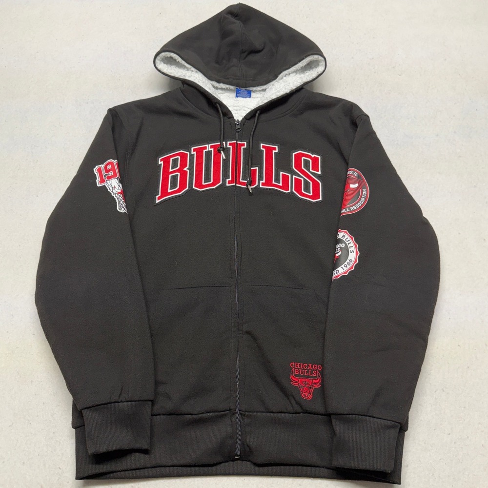 NBA‎ Ultra Game Chicago Bulls Sherpa Lined Zip Up Hoodie Mens Medium Black Y2K